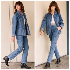 ATWYLD NEW Onward Travel Denim Utility Cargo Straight Leg Trousers Indigo Blue
